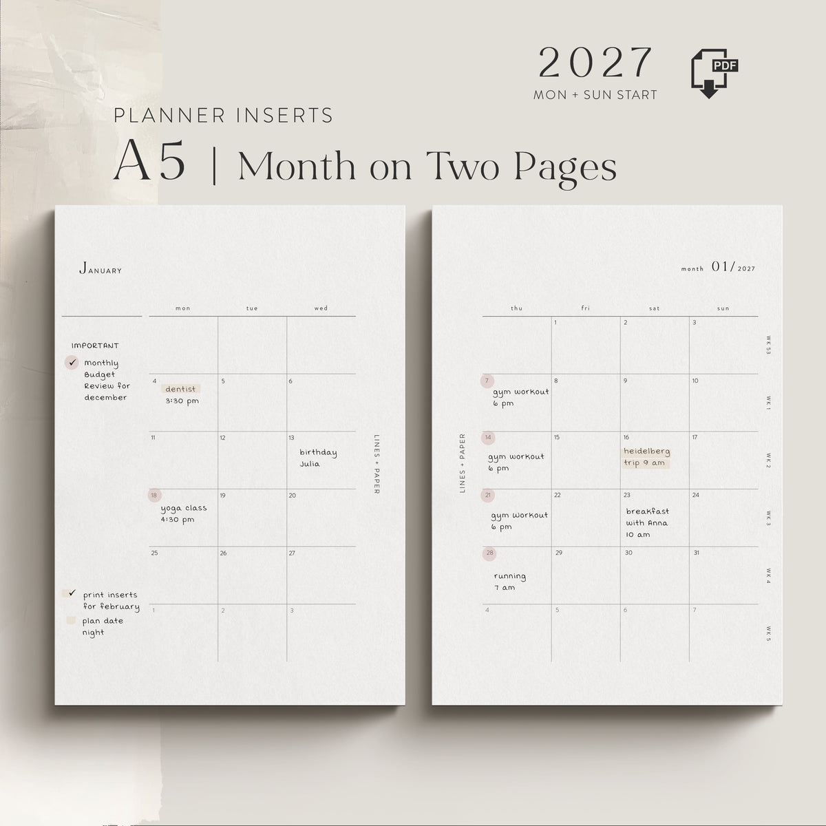 A5 month-on-two-pages printable planner insert with a dated calendar layout.