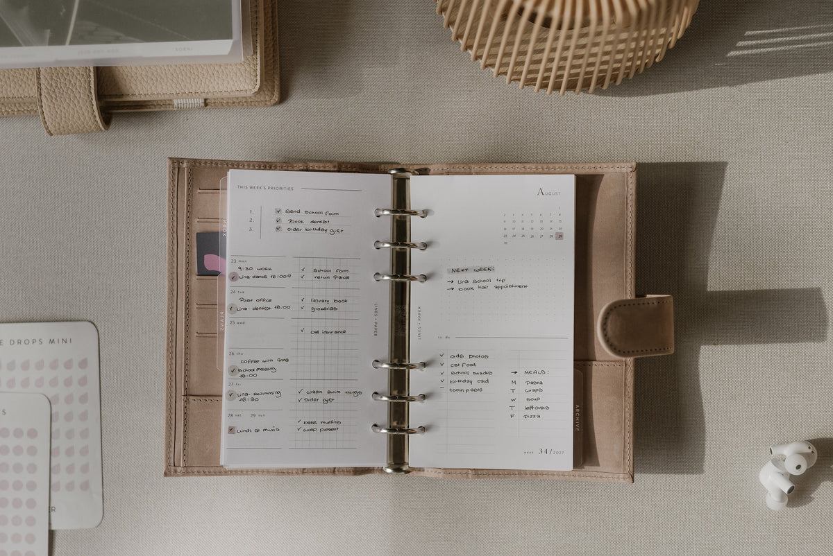 Open ring planner showing a horizontal week-on-two-pages insert.